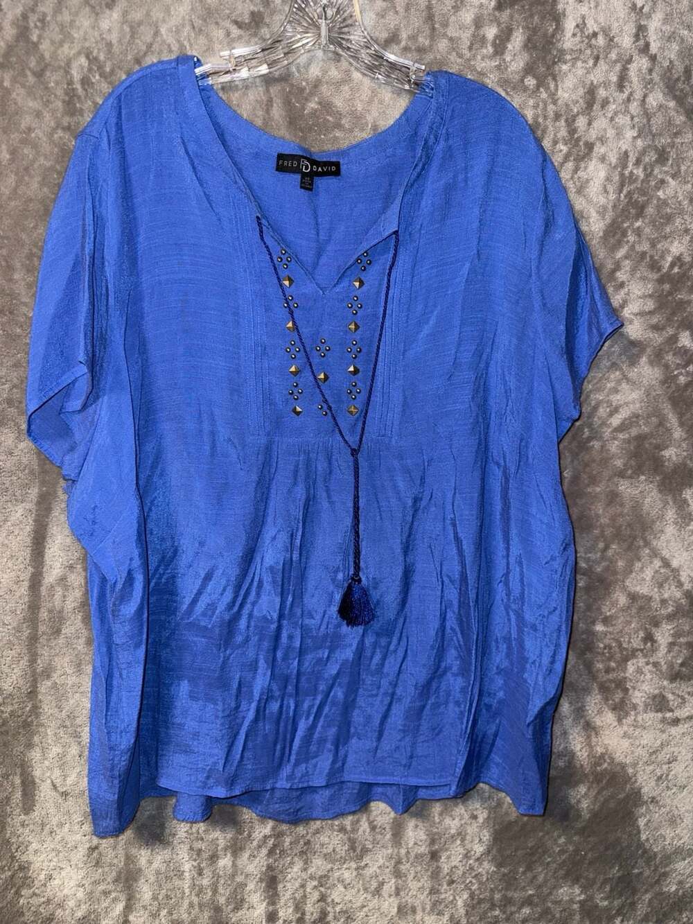 Fred David Blue Studded Tassel V-Neck Blouse Size 3X